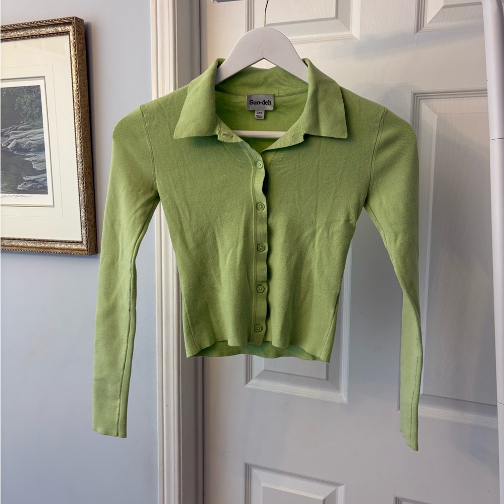 Aritzia Sun-deh Green CeCe Button-Up Collared Cardigan Size XXS - Picture 2 of 9